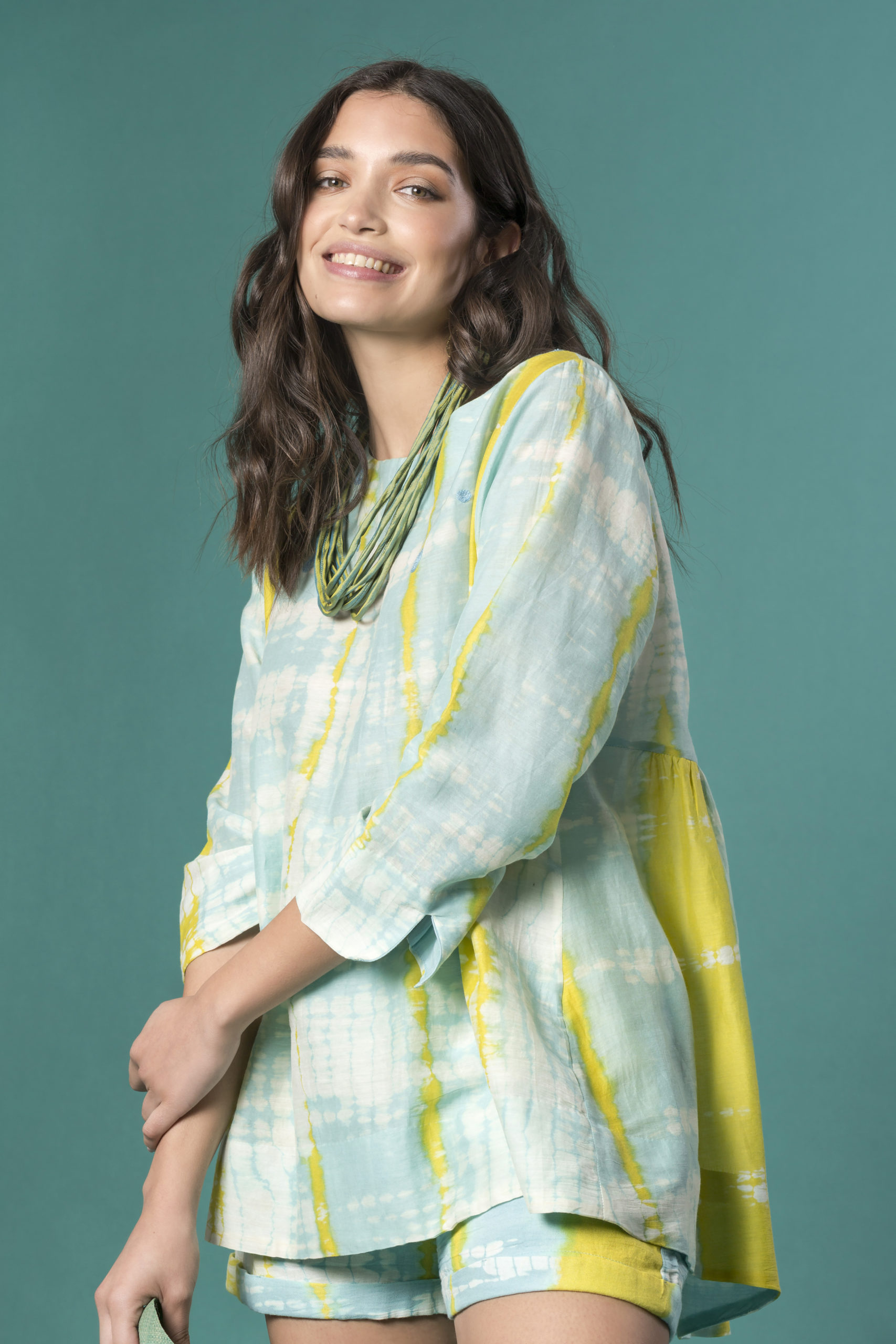 TIE&DYE Chanderi embroidered uneven shirt and shorts